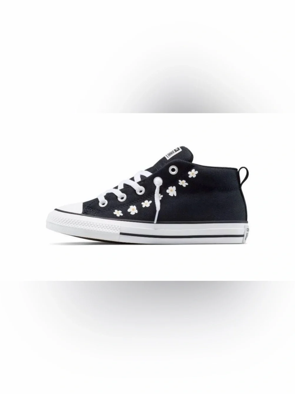 Converse Kids Black High-Top Sneakers with White Accents and Floral Patch
